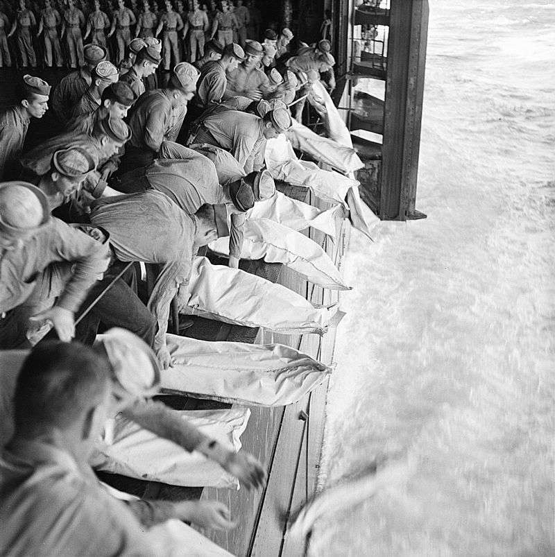 Burial at sea for the casualties of the USS Intrepid, 1944.