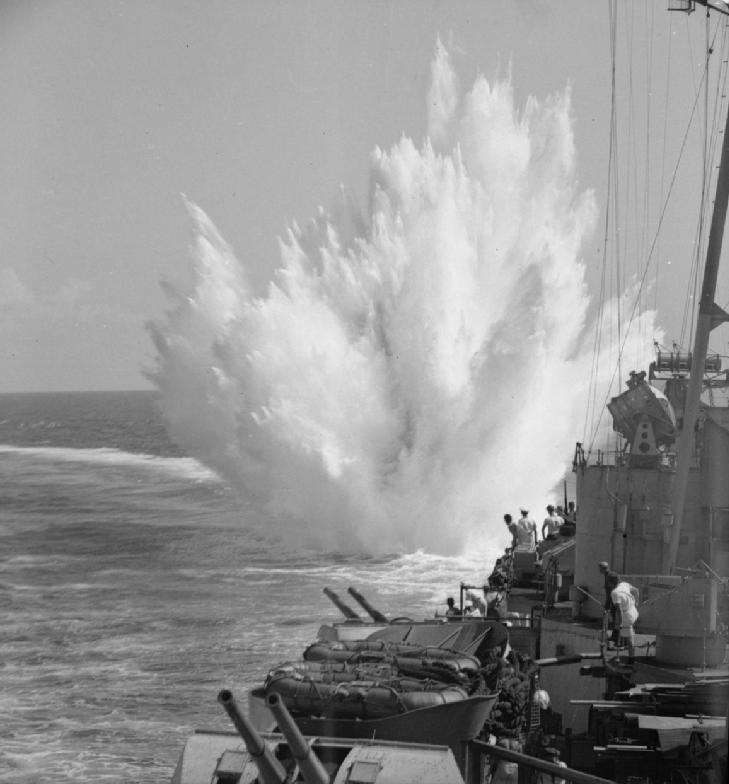 Explosion behind HMS Ceylon. 