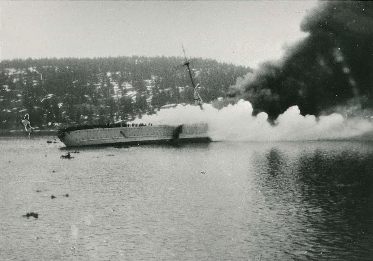 Blucher on fire and sinking in the Drobak Sound.