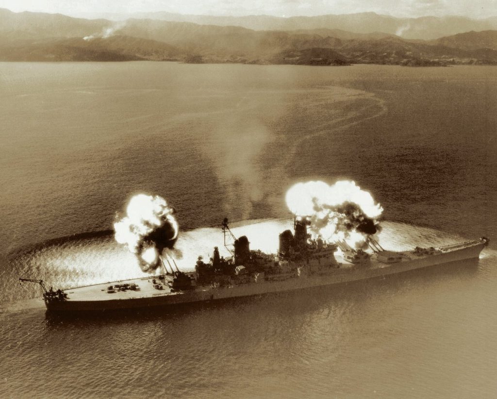 USS New Jersey fires nine of her 16 inch guns on enemy targets in Korea, 10 November 1951. 