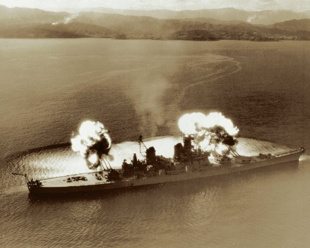 USS New Jersey fires nine of her 16 inch guns on enemy targets in Korea, 10 November 1951.