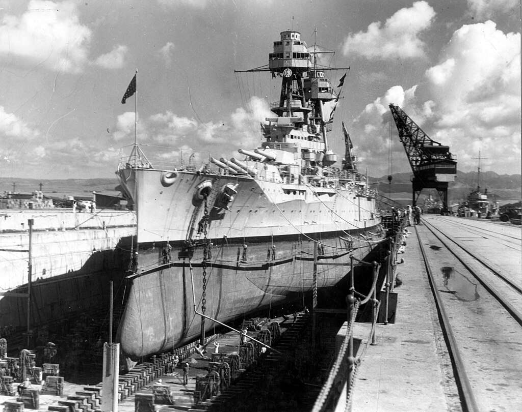 USS Nevada in drydock at Pearl Harbor in 1935. 