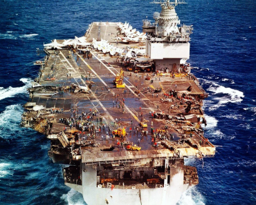 USS Enterprise. The aftermath of the disaster, seen soon after the fire was extinguished and before flight operations resumed.