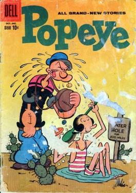 Bud Sagendorf's cover of Popeye #50 (Oct.–Dec. 1959) shows Popeye with his corncob pipe, single good eye and girlfriend Olive Oyl.