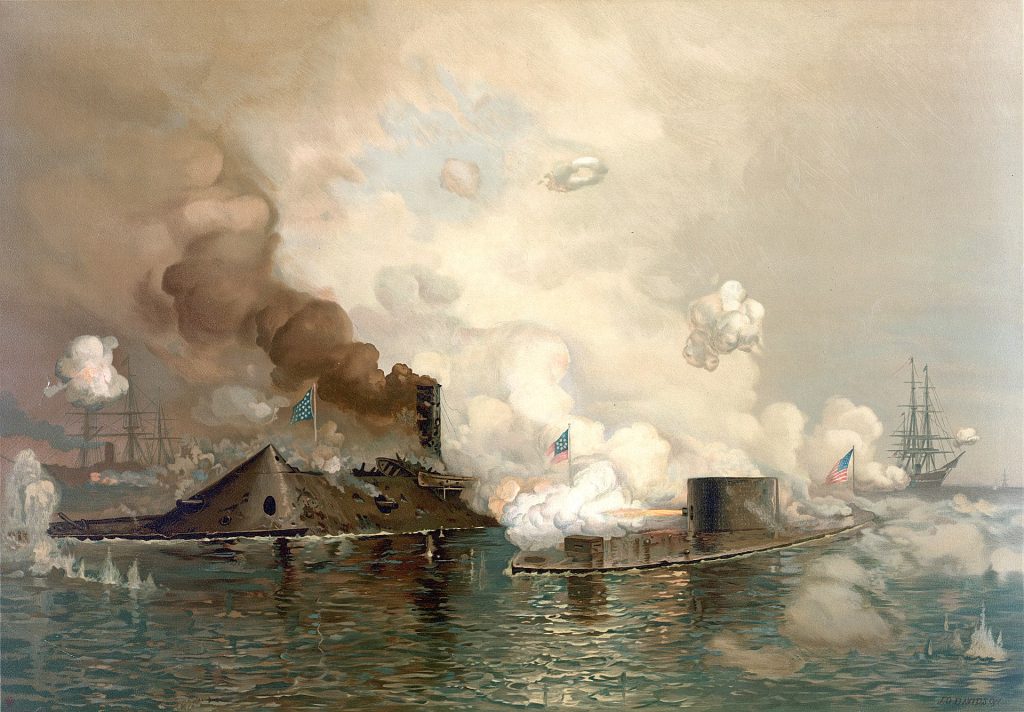 A painting of USS Monitor engaging with CSS Virginia.
