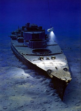 An illustration of Ballard's ROV 'Argo' exploring the wreckage of the Bismarck. 