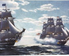 An oil painting depicting Constitution exchanging fire with HMS Java.