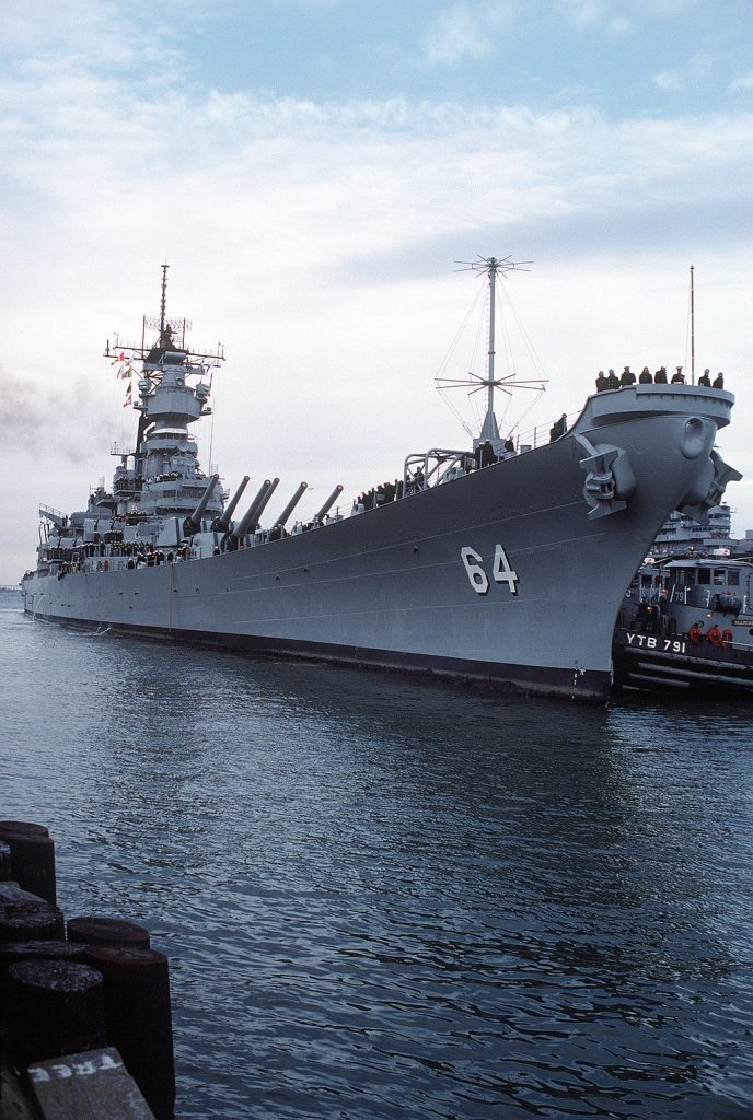 Iowa Class battleship USS Wisconsin in port. 