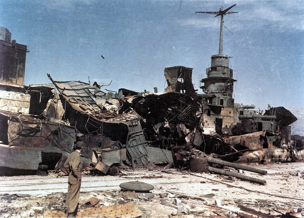 The burnt wreck of Dunkerque after she was scuttled. 