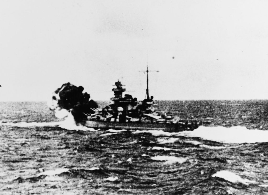 The Scharnhorst firing her forward guns on HMS Glorious.