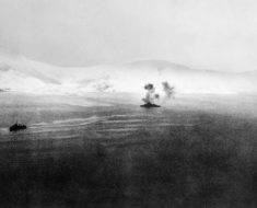 HMS Warspite firing on shore positions during the Second Battle of Narvik.