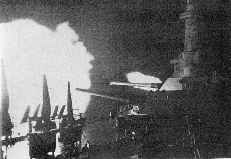 USS Washington firing at night during the Naval Battle of Guadalcanal. 