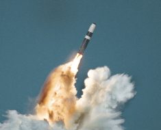 A Vanguard-Class submarine fires a Trident II missile.