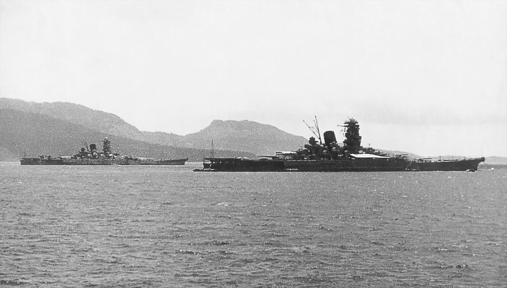 The Yamato (left) and Musashi (right) moored in Truk Lagoon, 1943.