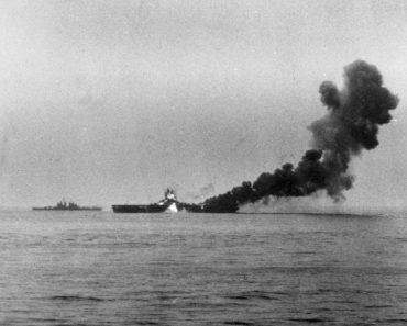 Bunker Hill after being hit by a Japanese Zero in a kamikaze attack, 11 May 1945.