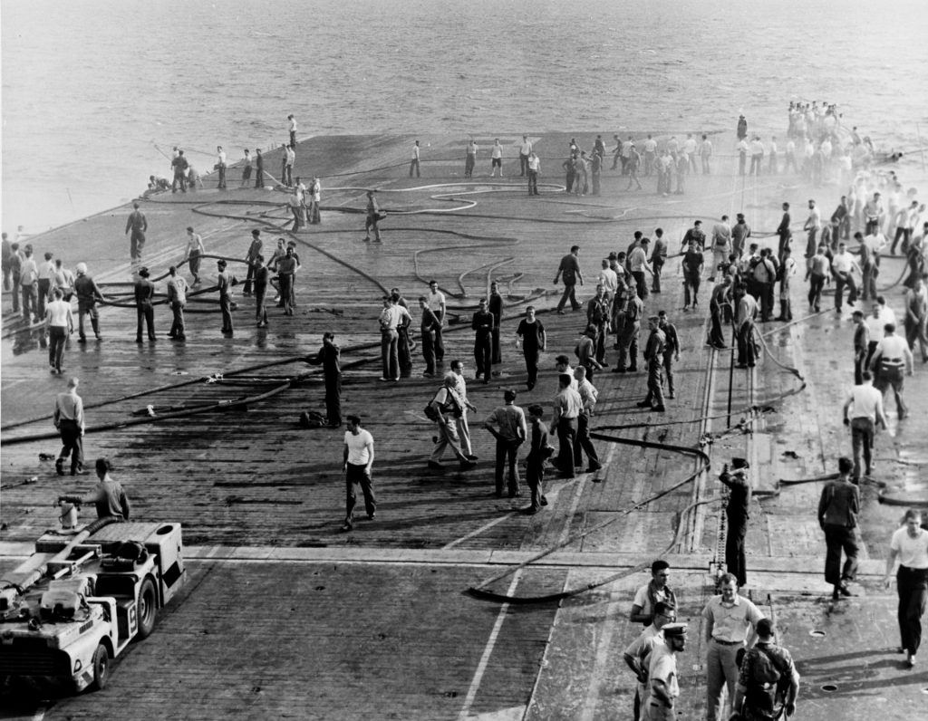 Forward deck of the USS Oriskany during the fire in 1966. 