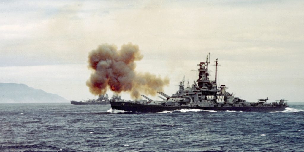 A salvo being fired from USS Indiana. 