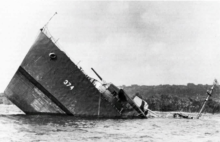 The wreck of USS Tucker pictured the day after her sinking. 