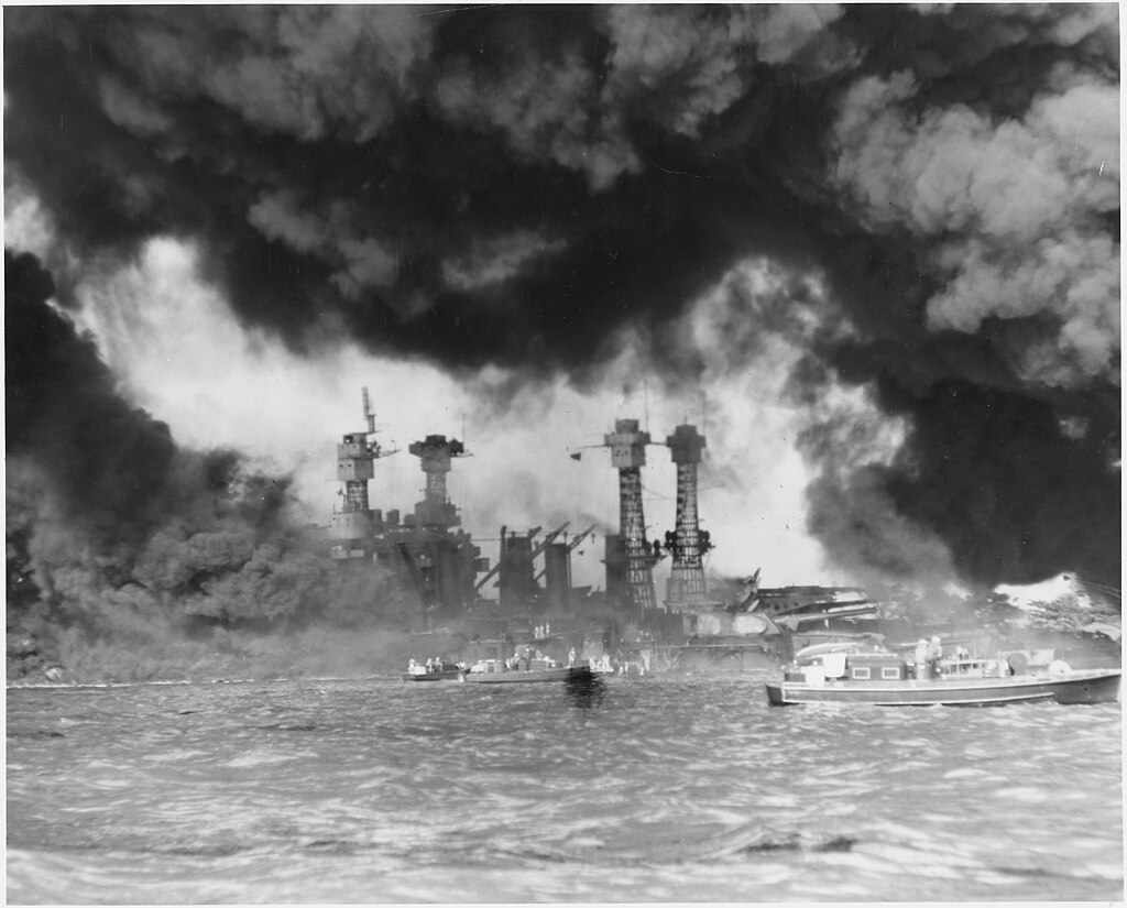 USS West Virginia burning during the attack on Pearl Harbor. 