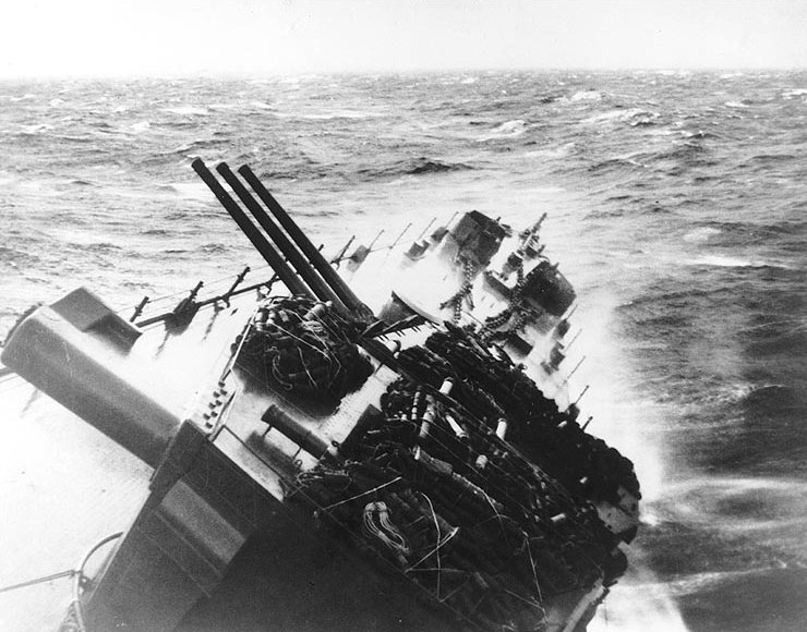 USS Santa Fe leaning to starboard during Typhoon Cobra. 