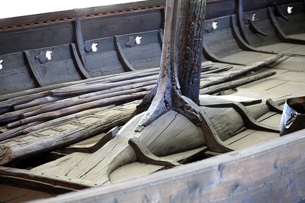 Interior view of the Gokstad ship, showing mast step and oars. 