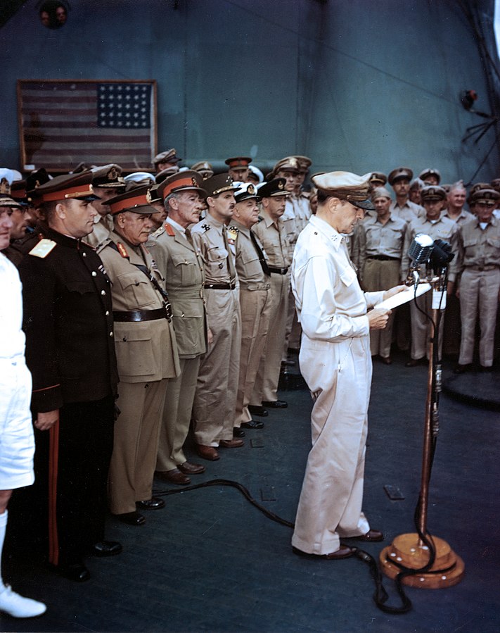 MacArthur delivers his speech, opening the surrender ceromonies.  