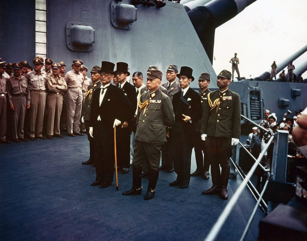 The Japanese representatives on board the USS Missouri before sigining the surrender.