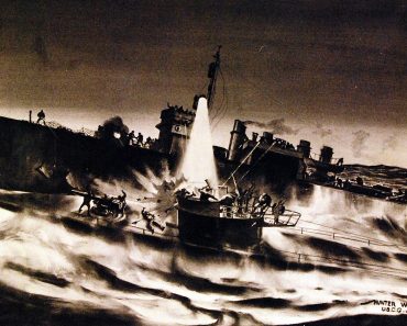 An artists depiction of the bitter duel between USS Borie and U-405.