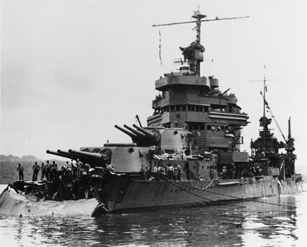 USS Minneapolis with damaged bow. 