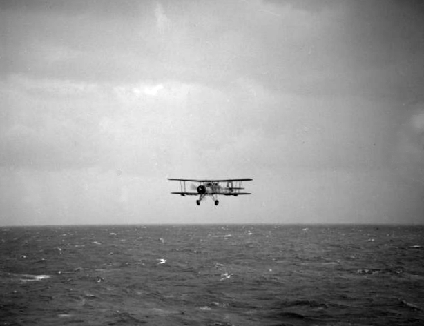 A Fairey Swordfish returning to HMS Ark Royal after attacking the Bismarck with a torpedo. 