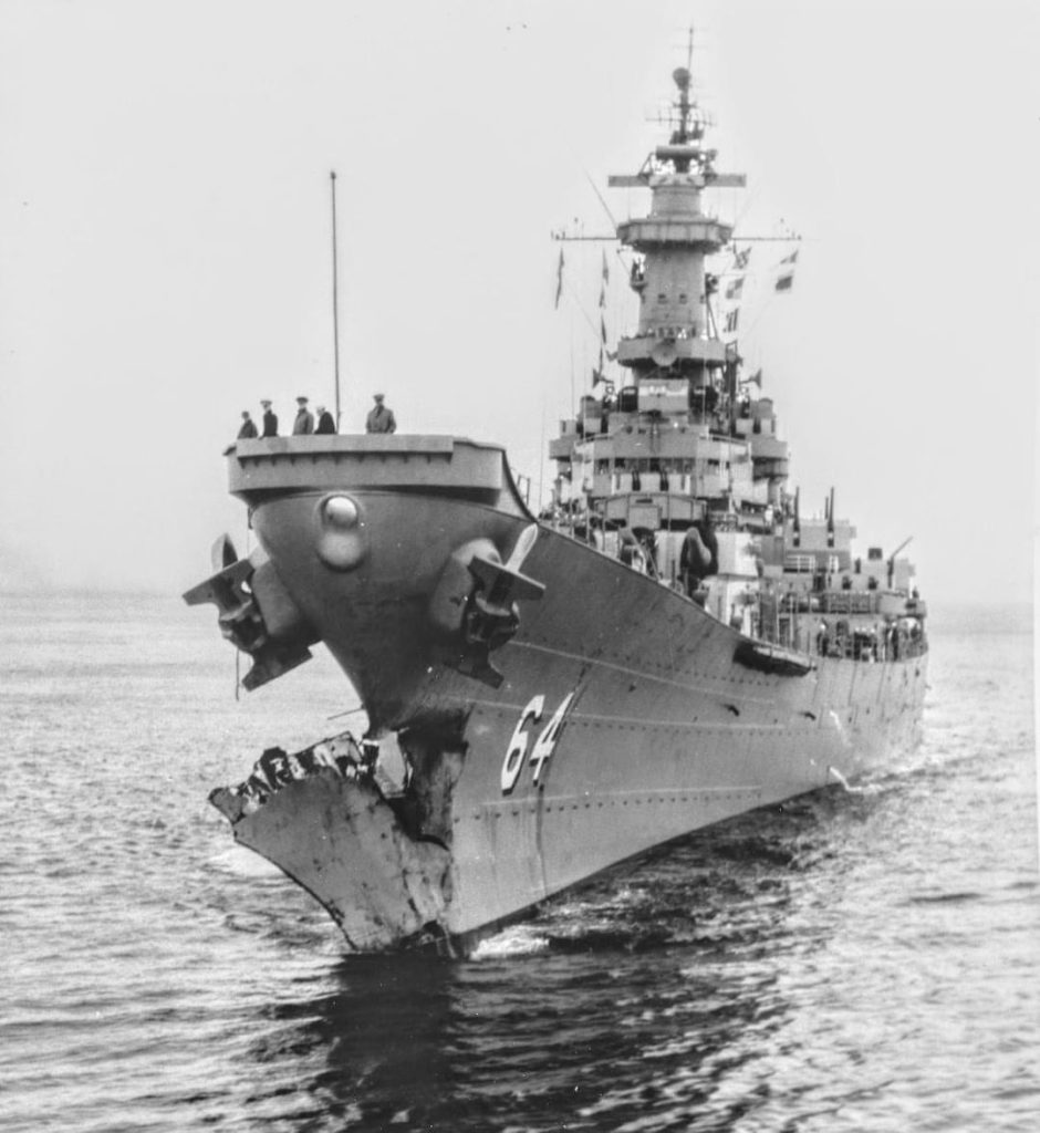 The USS Wisconsin's damaged bow. 